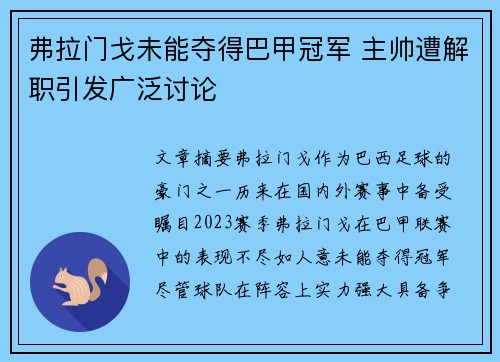 弗拉门戈未能夺得巴甲冠军 主帅遭解职引发广泛讨论