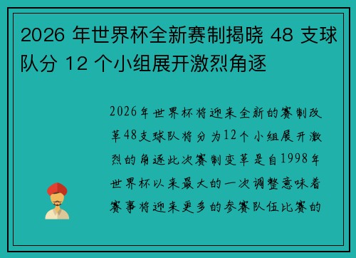 2026 年世界杯全新赛制揭晓 48 支球队分 12 个小组展开激烈角逐
