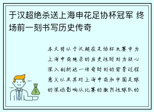 于汉超绝杀送上海申花足协杯冠军 终场前一刻书写历史传奇