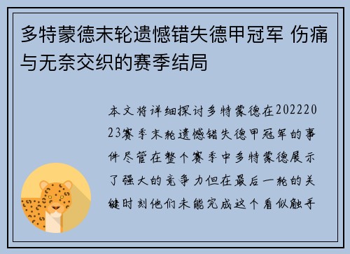 多特蒙德末轮遗憾错失德甲冠军 伤痛与无奈交织的赛季结局